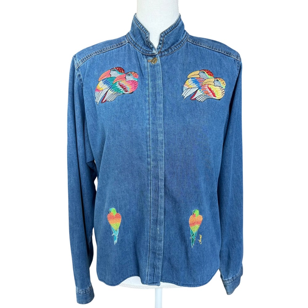 Vintage Embroidered Tropical Bird Denim Shirt‎ Mandarin Collar Blue Womens 10
